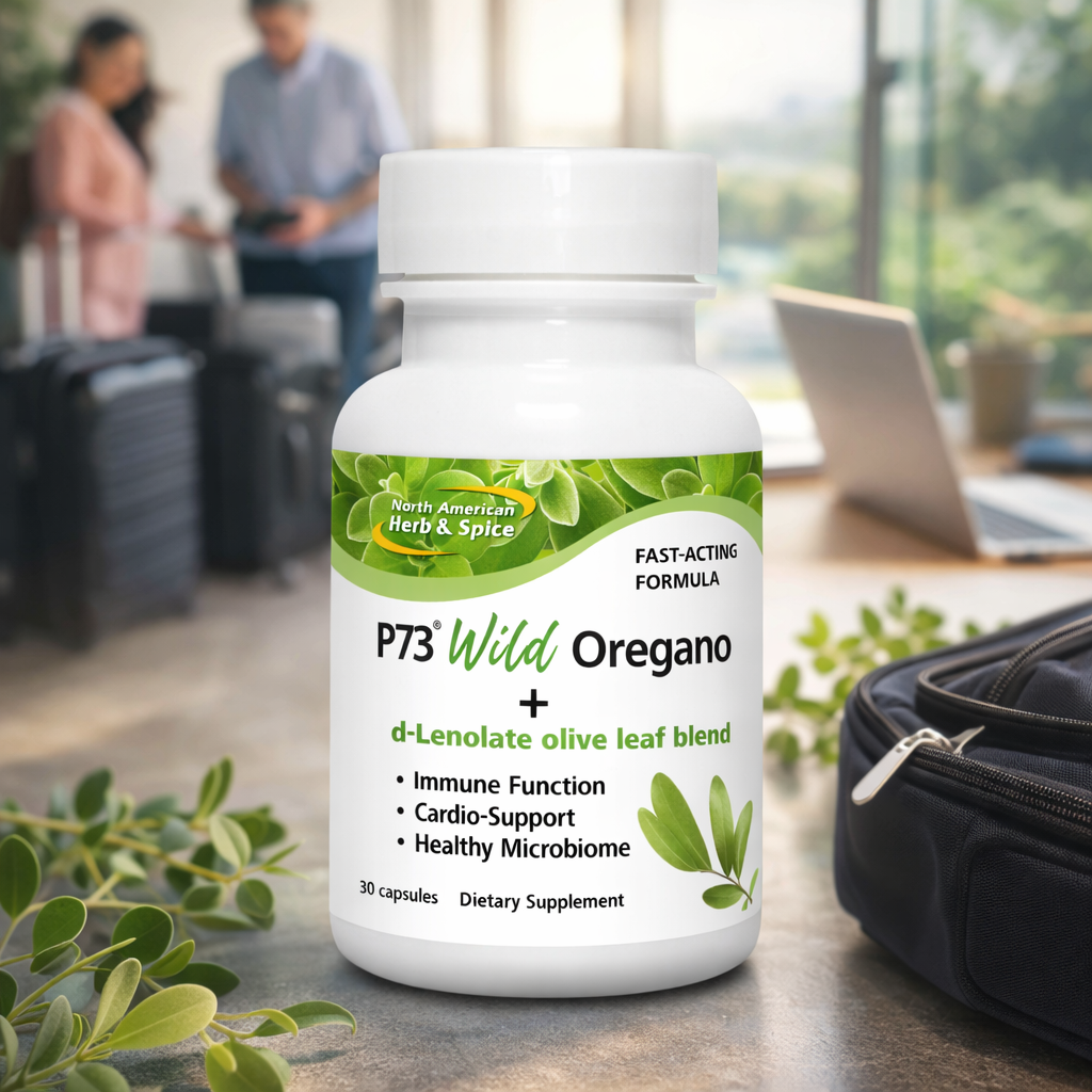Four North American Herb & Spice P73 Wild Oregano supplement bottle on desk with travel-themed background.
